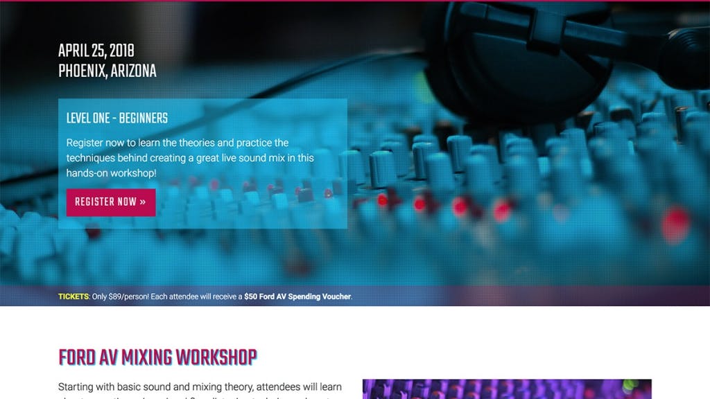 Desktop view of Ford AV Mixing Seminar website.