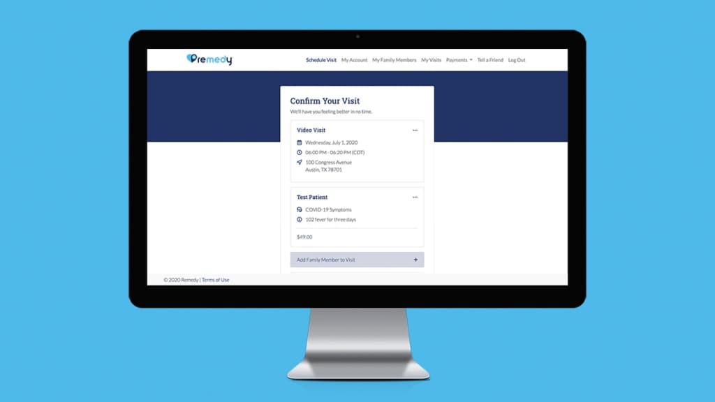 Remedy Urgent Care booking app checkout screen.