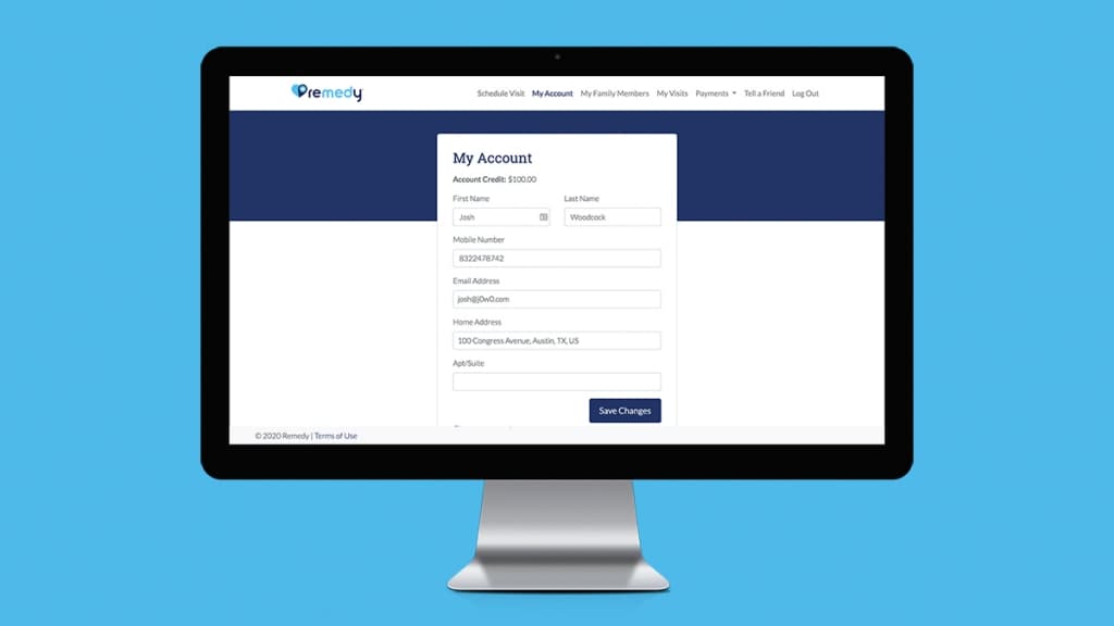 Remedy Urgent Care booking app account edit screen.