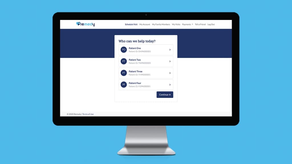 Remedy Urgent Care booking app patient selection screen.