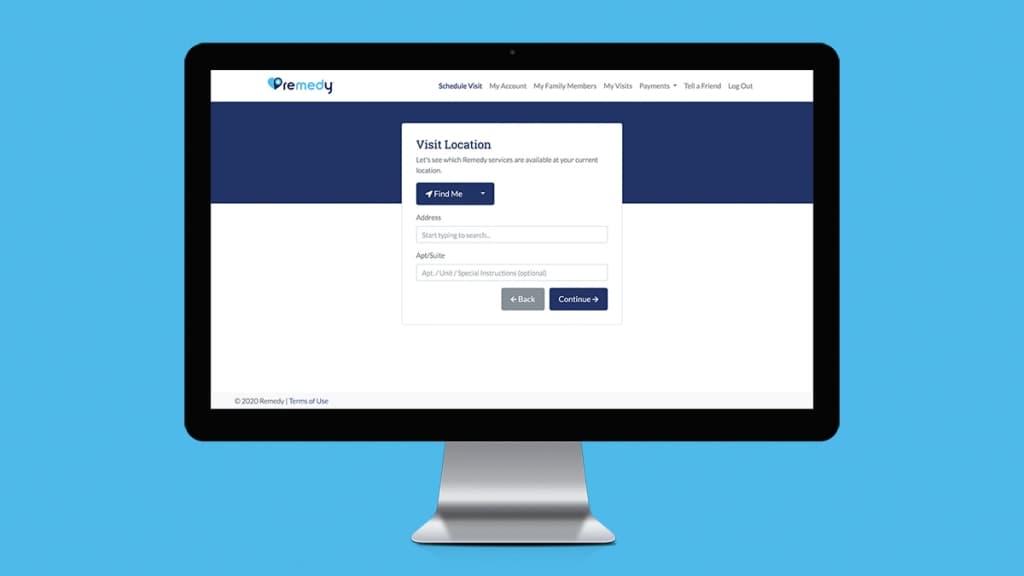 Remedy Urgent Care booking app visit location screen.