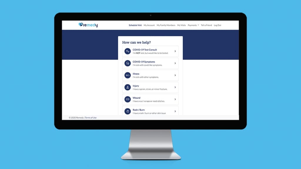 Remedy Urgent Care booking app visit reason selection.