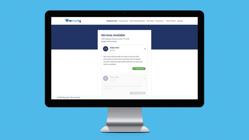 Remedy Urgent Care booking app visit type selection