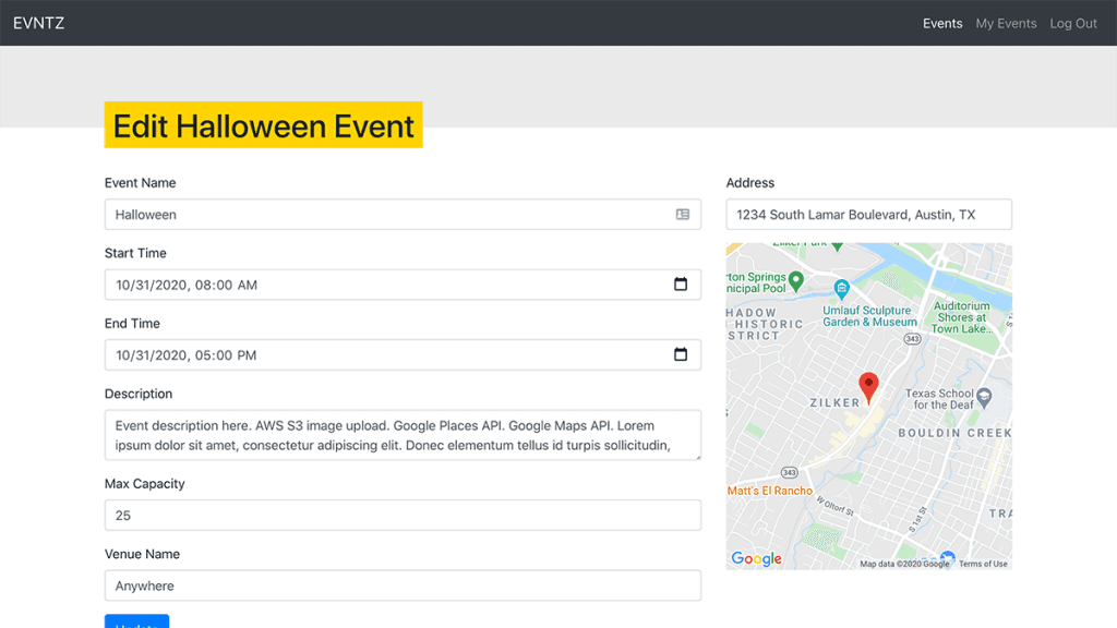 Event update page of events manager