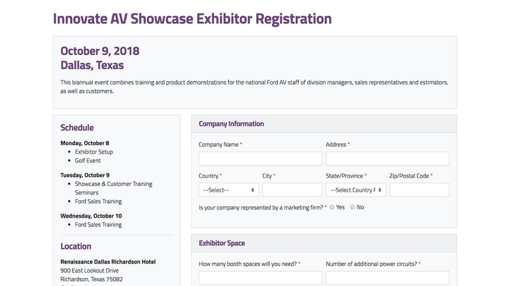 Exhibitor registration form for Ford AV Showcase.