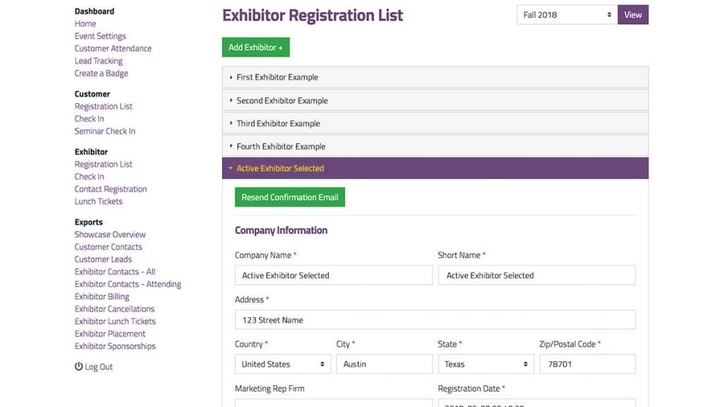 Ford AV Showcase Web App Exhibitor Registration List